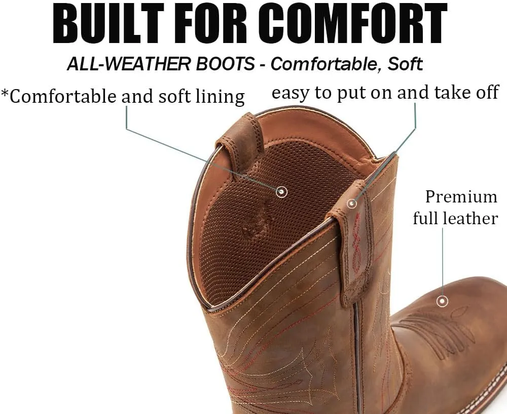 SUREWAY Cowboy Boots - Mens Sport Wide Square Toe Western Boot,Oil/Slip Resistant,Durable Fashionable Classic Pull on 10 Inch Wellington Boots - Leather