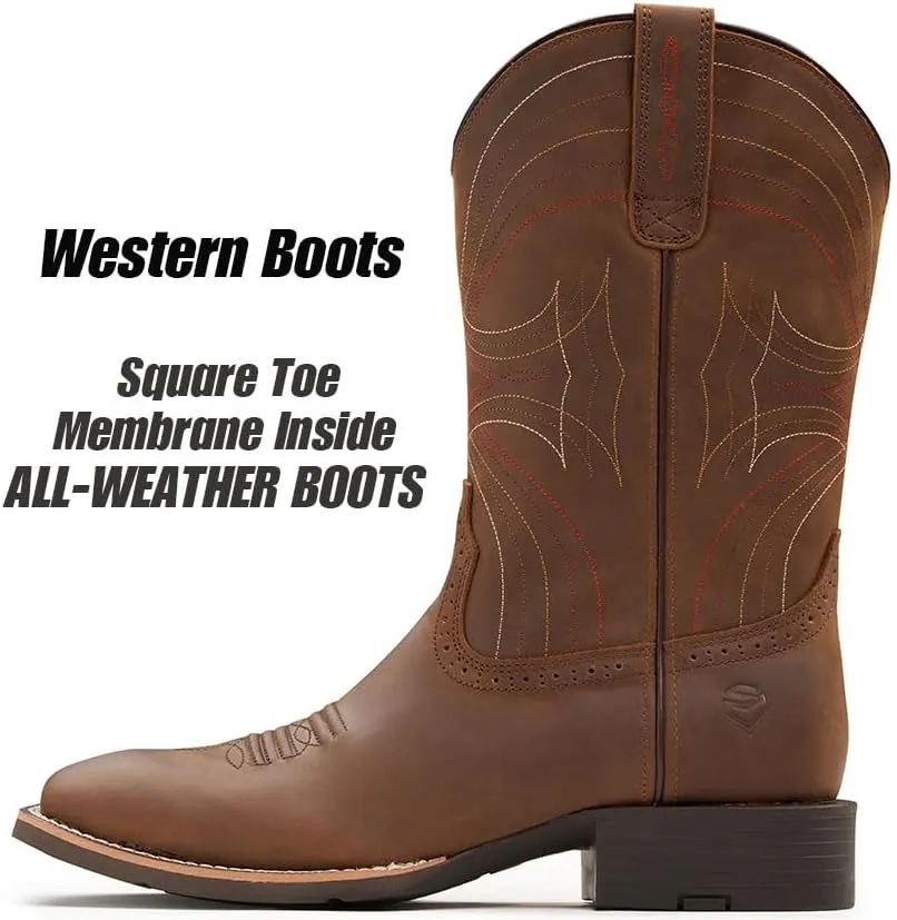 SUREWAY Cowboy Boots - Mens Sport Wide Square Toe Western Boot,Oil/Slip Resistant,Durable Fashionable Classic Pull on 10 Inch Wellington Boots - Leather