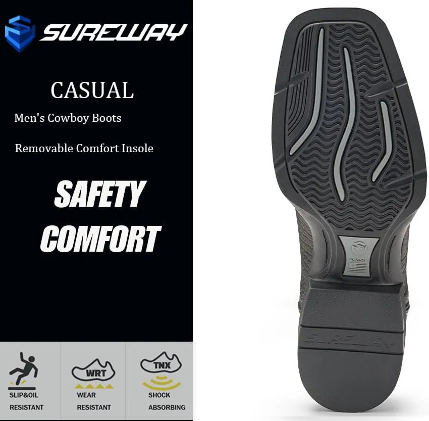 SUREWAY Mens Western Chelsea Cowboy Boots for Men Square Toe,Rugged Slip-On Work/Casual/Dress Boots for Men,Comfort Slip Resistant Ankle Leather Boots