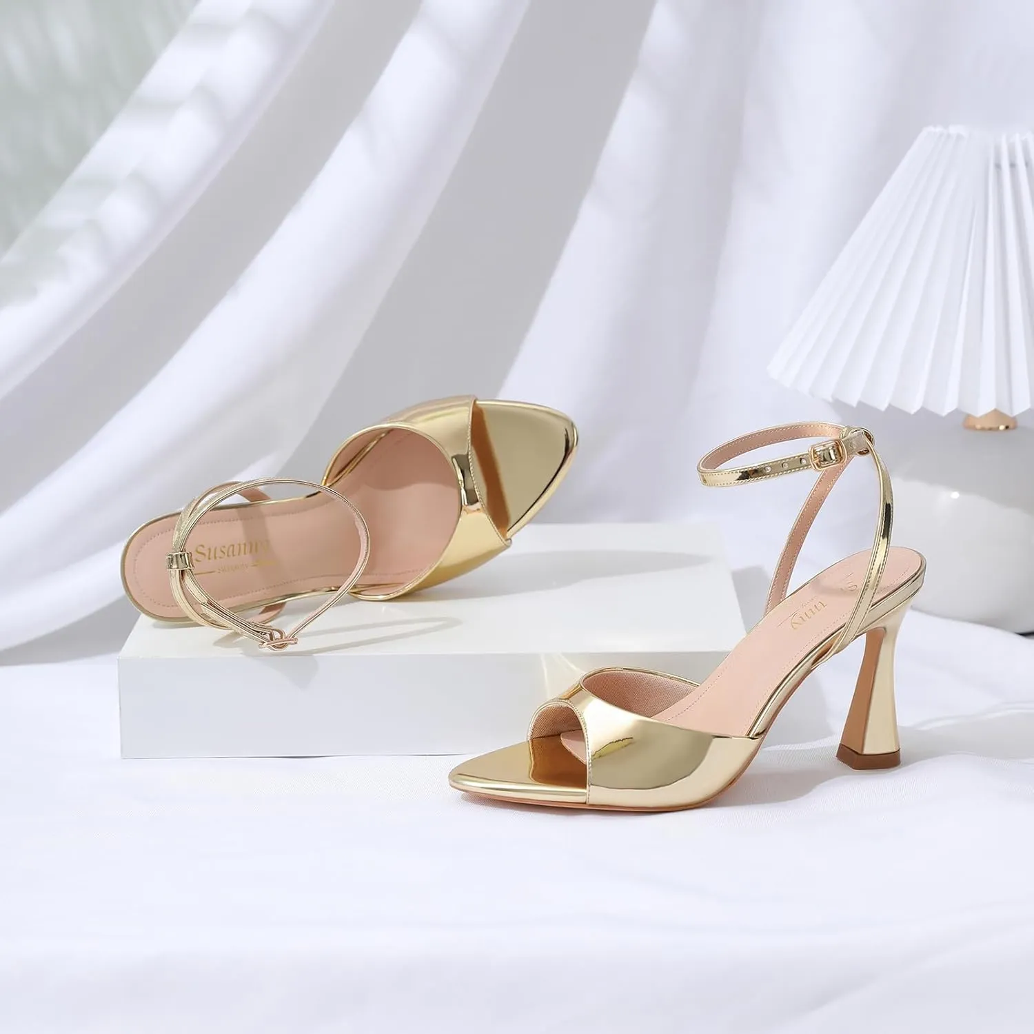 Susanny High Heels for Women Pointed Open Toe Strappy Chunky Block Heels Ankle Strap Stiletto Kitten Heeled Sandals Wedding Bridal Party Prom Sexy Dress Shoes