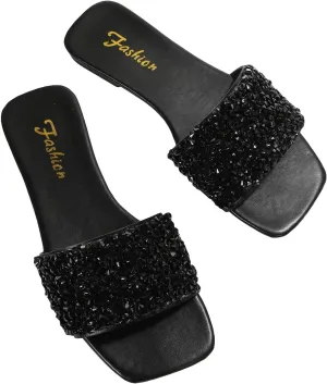 SweatyRocks Women's Casual PU Leather Flat Sandals Rhinestone Glitter Open Toe Slides Outdoor Flat Sandals