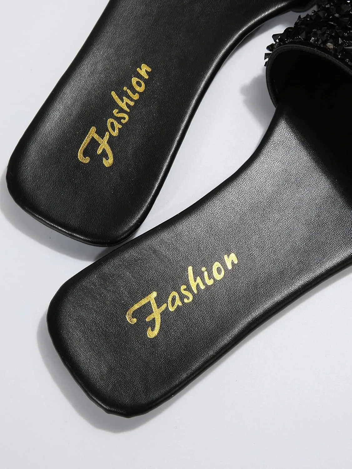 SweatyRocks Women's Casual PU Leather Flat Sandals Rhinestone Glitter Open Toe Slides Outdoor Flat Sandals