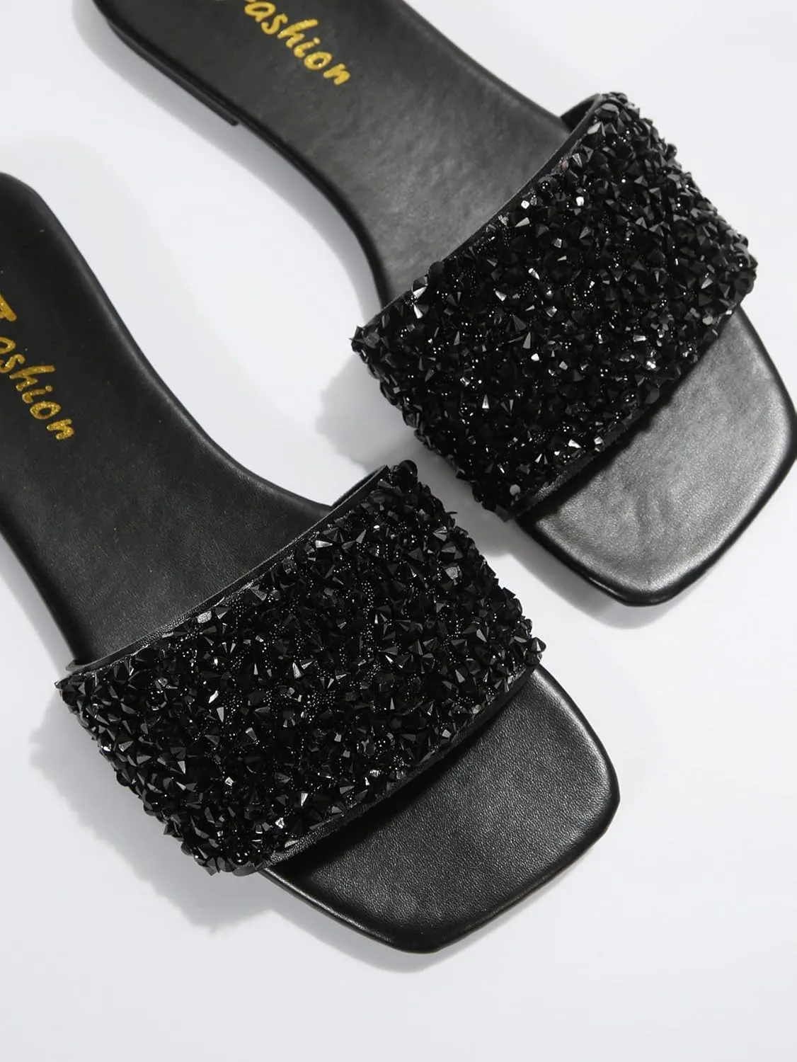 SweatyRocks Women's Casual PU Leather Flat Sandals Rhinestone Glitter Open Toe Slides Outdoor Flat Sandals