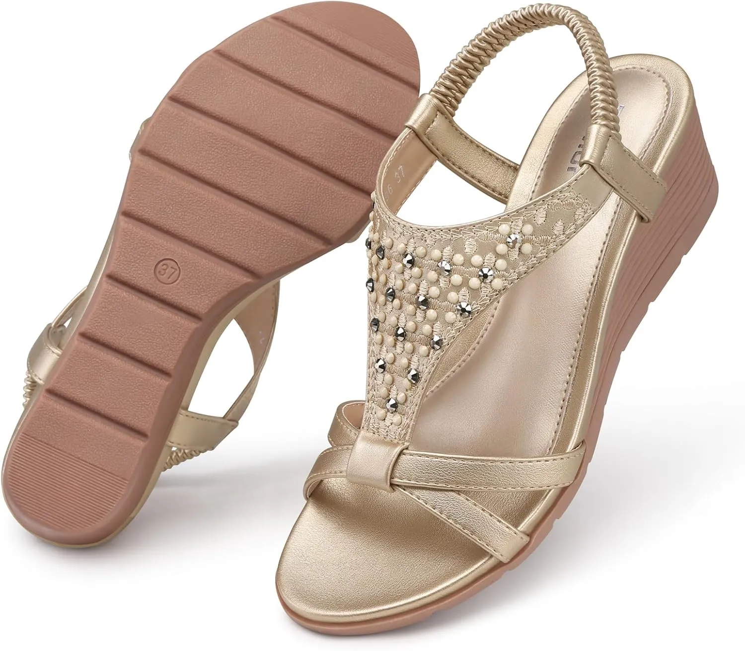 TEMOFON Women's Low Wedge Heels Summer Dressy Platform Sandals Elastic Ankle Strap Open Toe Flower Shoes