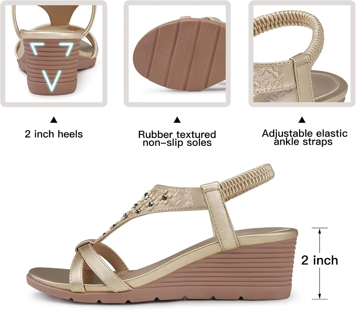 TEMOFON Women's Low Wedge Heels Summer Dressy Platform Sandals Elastic Ankle Strap Open Toe Flower Shoes