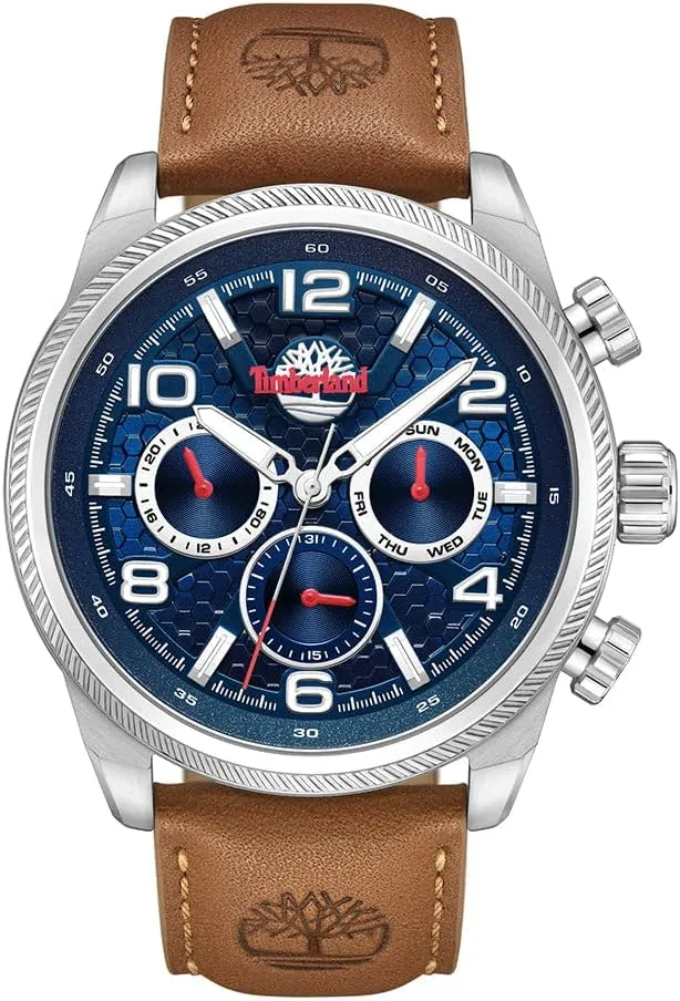 Timberland Men's Henniker II Collection Watch - 46mm Case, Textured Bezel, Premium Leather Strap
