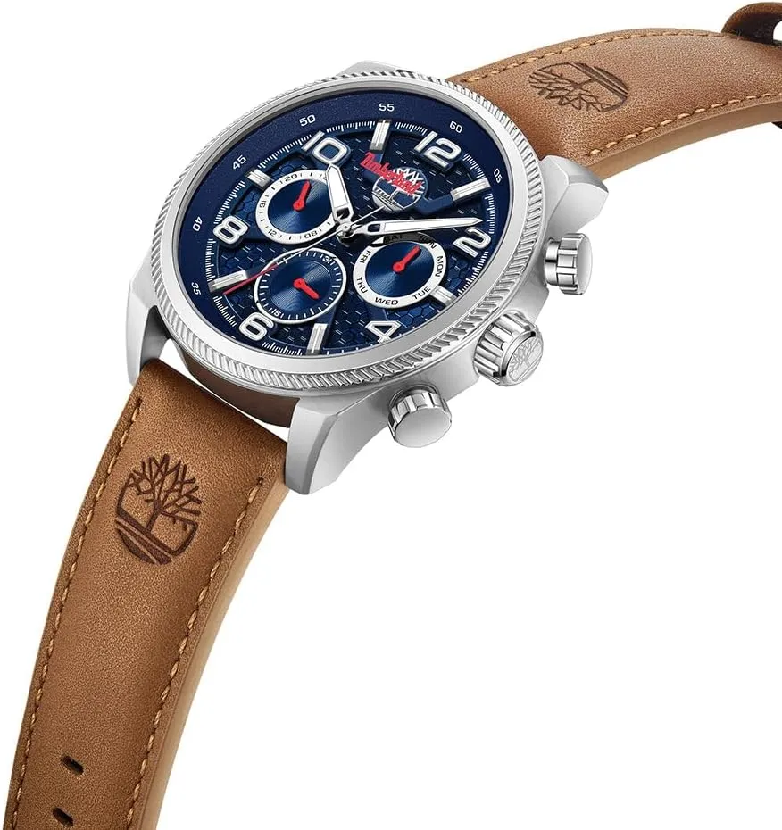 Timberland Men's Henniker II Collection Watch - 46mm Case, Textured Bezel, Premium Leather Strap