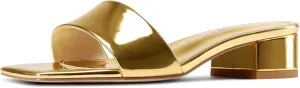 TNYNFBEB Womens Chunky Block Low Heel Open Square Toe Sandals Mules Shoes Slip-on Prom Party Dress Patent Leather 1.4 Inches Heels