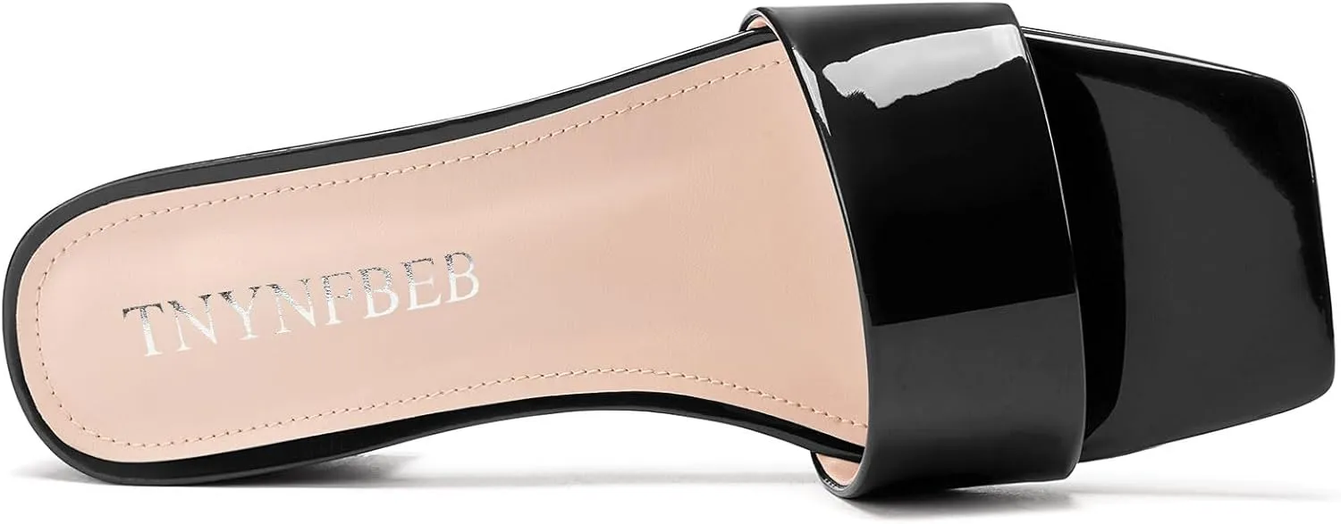 TNYNFBEB Womens Chunky Block Low Heel Open Square Toe Sandals Mules Shoes Slip-on Prom Party Dress Patent Leather 1.4 Inches Heels
