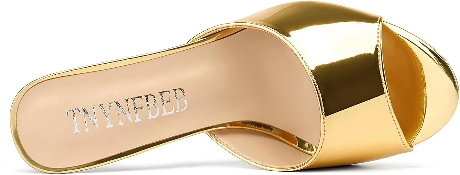 TNYNFBEB Womens Stiletto High Heel Peep Open Toe Sandals Mules Shoes Slingback Slip-on Prom Party Dress Patent Leather 3.9 Inches Heels
