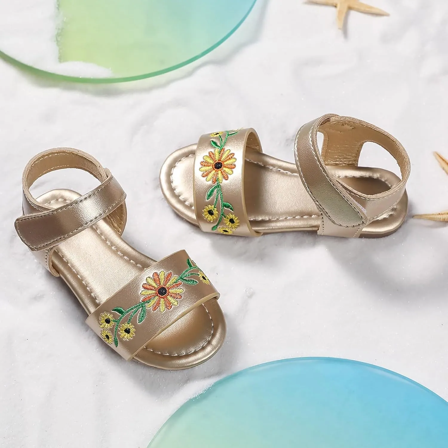Toddler Girl Sandals Kids Floral Embroidered Open Toe Bohemian Summer Casual Ankle Strap Princess Flat Sandal Shoes