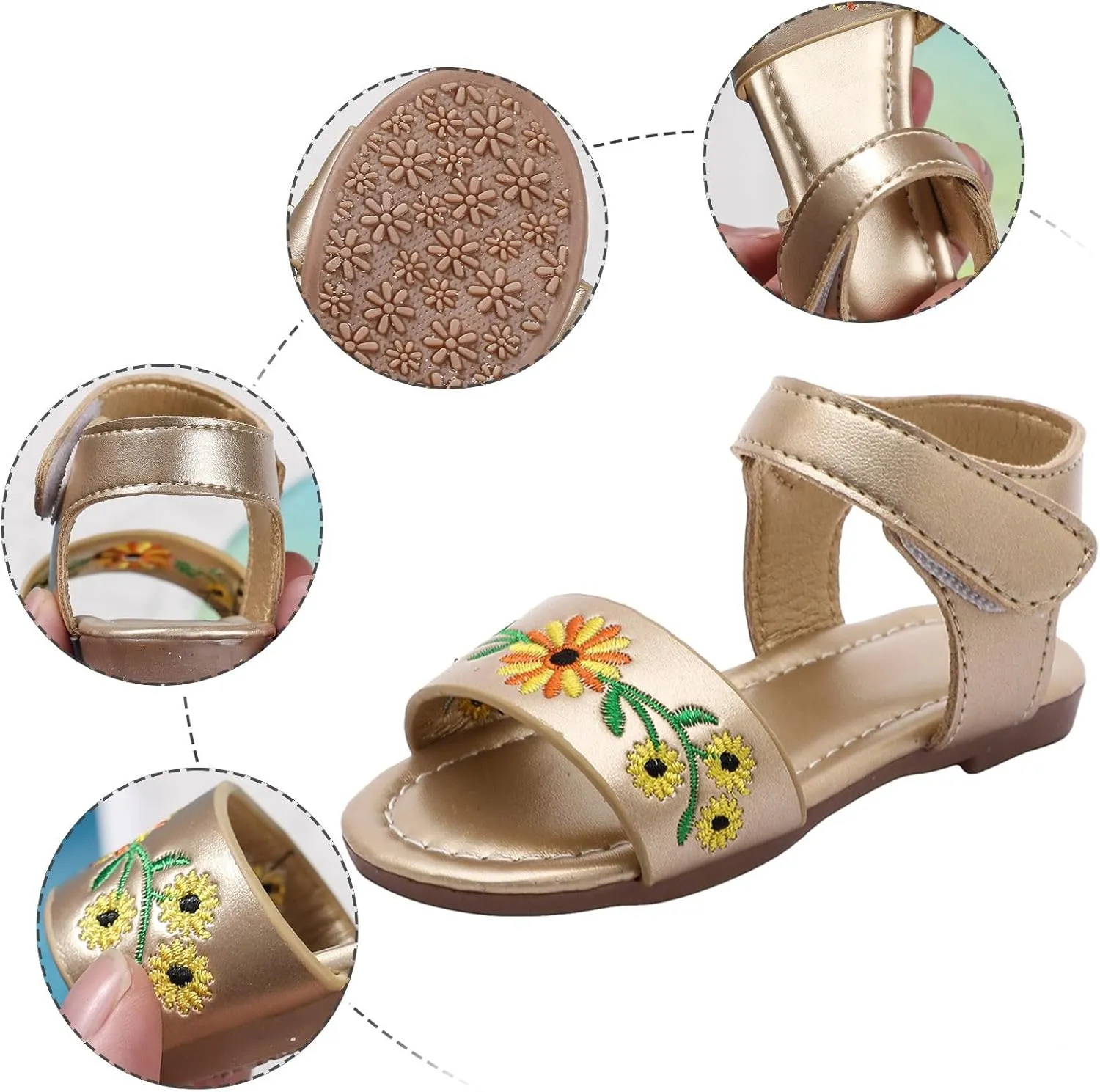 Toddler Girl Sandals Kids Floral Embroidered Open Toe Bohemian Summer Casual Ankle Strap Princess Flat Sandal Shoes