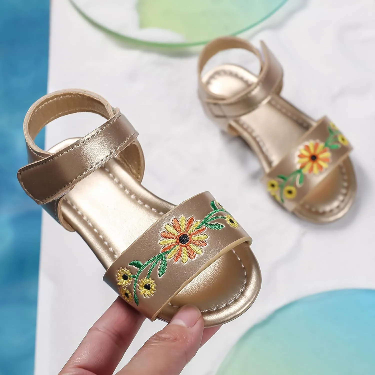 Toddler Girl Sandals Kids Floral Embroidered Open Toe Bohemian Summer Casual Ankle Strap Princess Flat Sandal Shoes