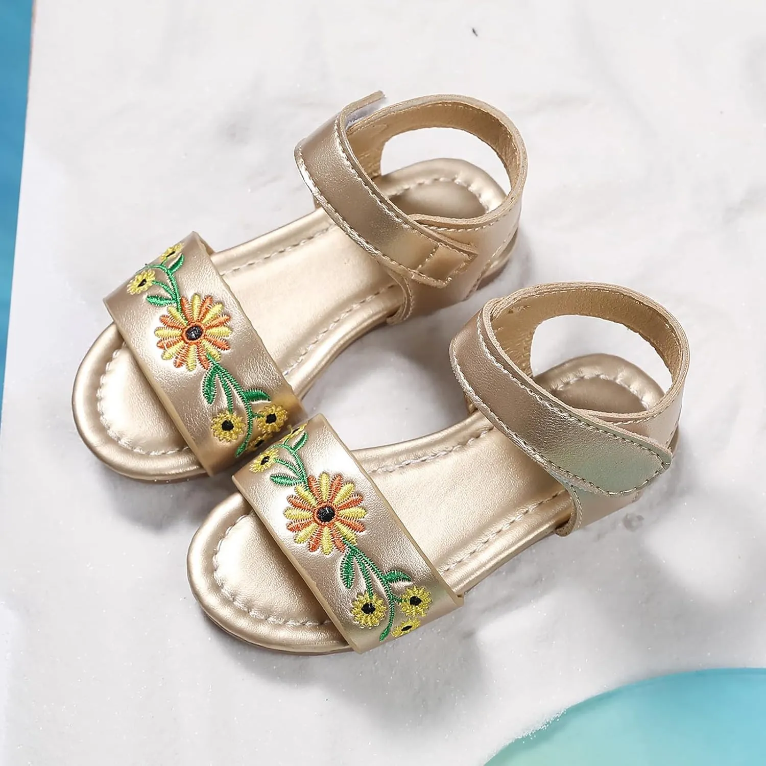 Toddler Girl Sandals Kids Floral Embroidered Open Toe Bohemian Summer Casual Ankle Strap Princess Flat Sandal Shoes