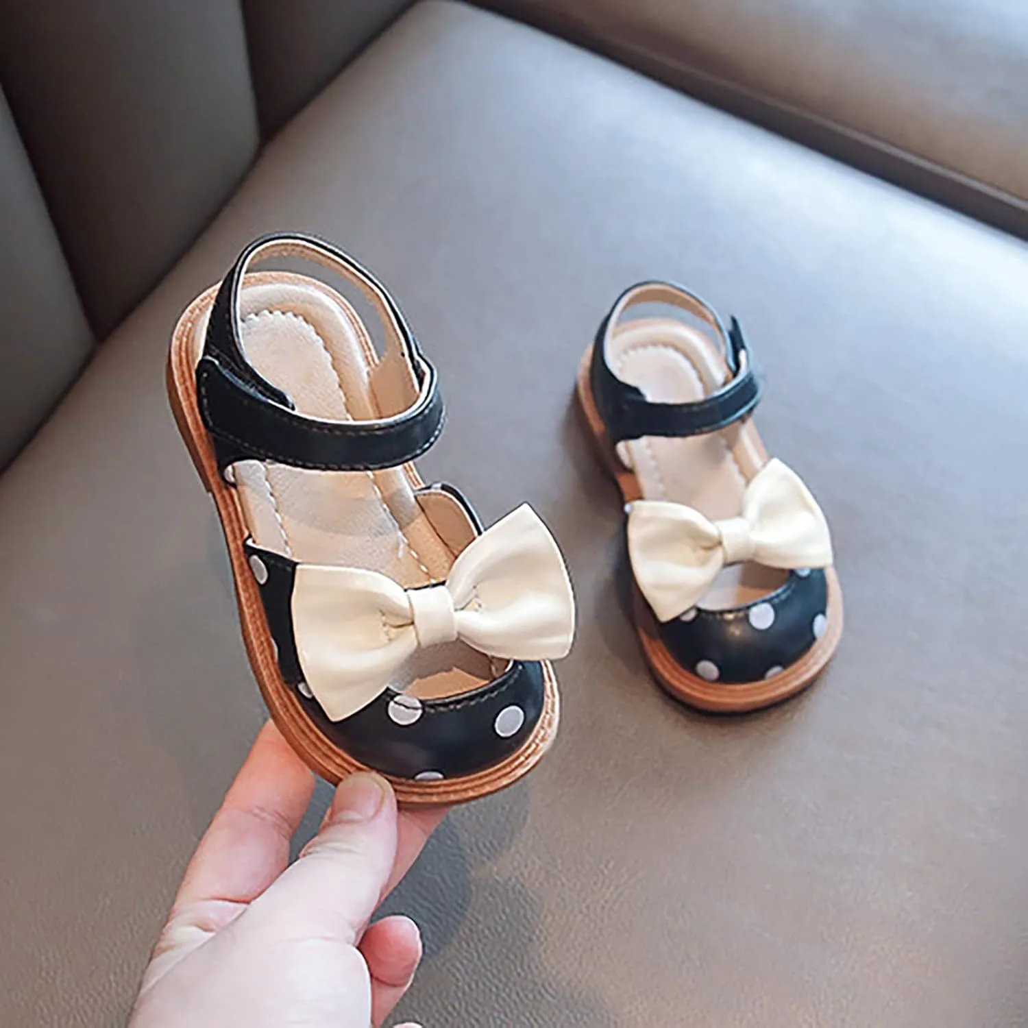 Toddler Girls Sandals Polka Dot Decorated Closed Toe Open Toe Heel Sandals Bow Princess Shoes Beach Toddlers