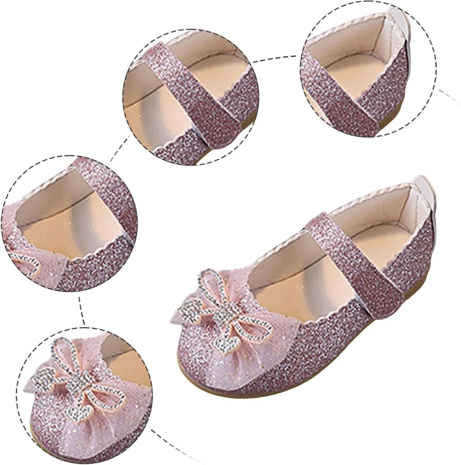 Toddler Little Girls Dress Shoes - Flower Bow Girls Mary Jane Flat Ballet Shoes Party Wedding Flat Shoe for Girl with Hook and Loop Rhinestone Flat Shoe with Non Slip Rubber Sole