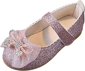 Toddler Little Girls Dress Shoes - Flower Bow Girls Mary Jane Flat Ballet Shoes Party Wedding Flat Shoe for Girl with Hook and Loop Rhinestone Flat Shoe with Non Slip Rubber Sole