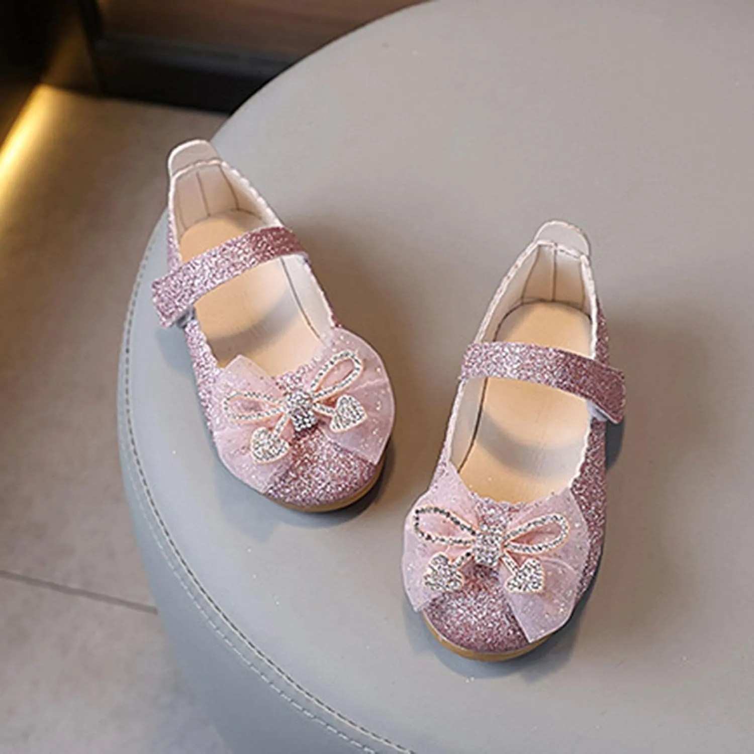 Toddler Little Girls Dress Shoes - Flower Bow Girls Mary Jane Flat Ballet Shoes Party Wedding Flat Shoe for Girl with Hook and Loop Rhinestone Flat Shoe with Non Slip Rubber Sole