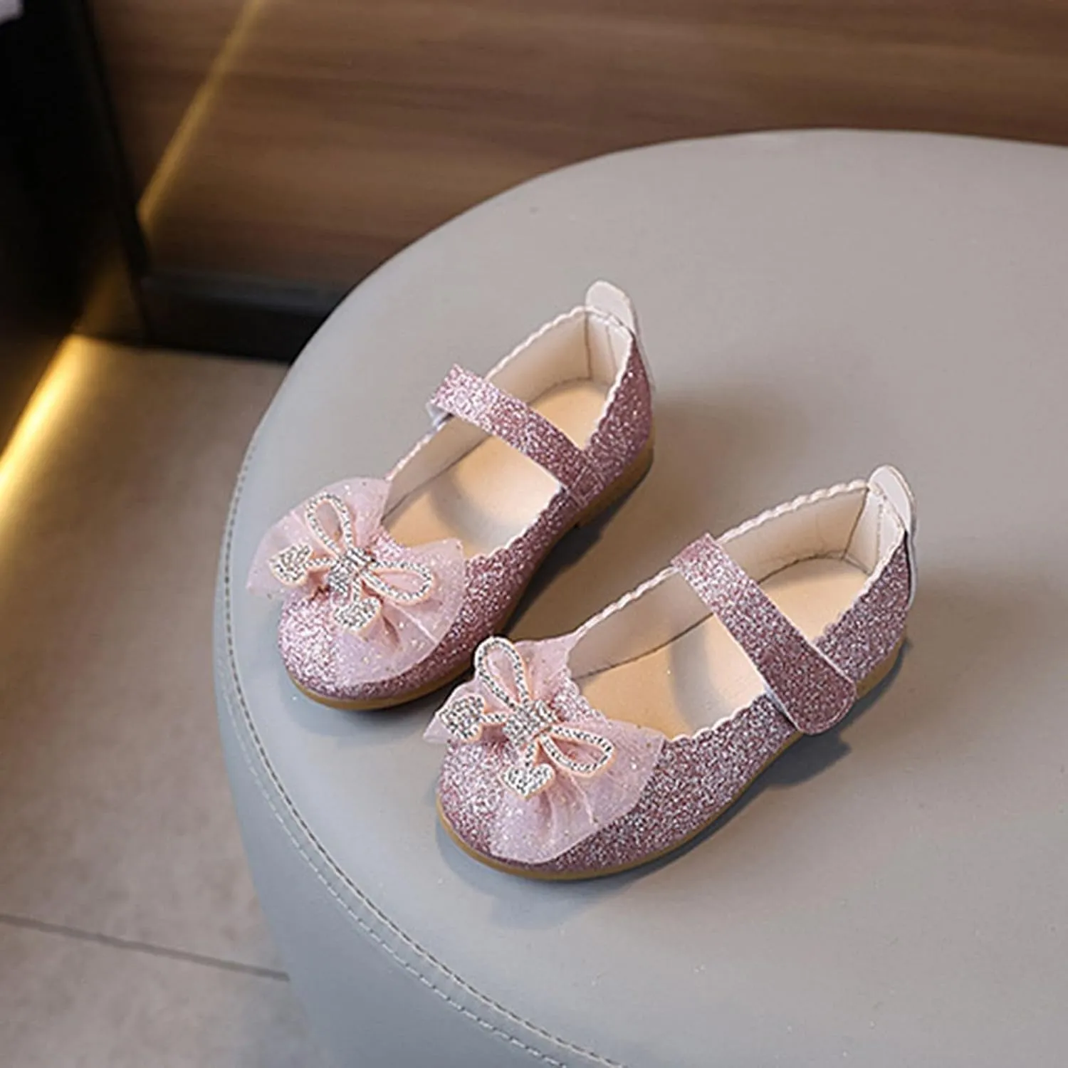 Toddler Little Girls Dress Shoes - Flower Bow Girls Mary Jane Flat Ballet Shoes Party Wedding Flat Shoe for Girl with Hook and Loop Rhinestone Flat Shoe with Non Slip Rubber Sole