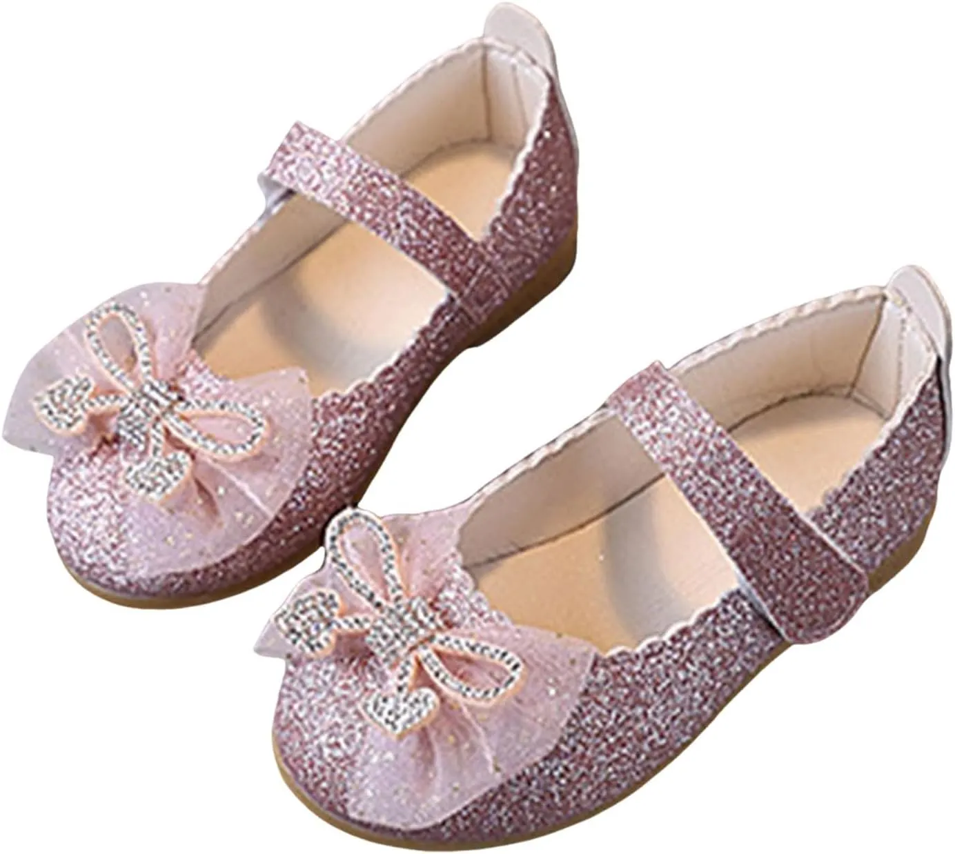 Toddler Little Girls Dress Shoes - Flower Bow Girls Mary Jane Flat Ballet Shoes Party Wedding Flat Shoe for Girl with Hook and Loop Rhinestone Flat Shoe with Non Slip Rubber Sole