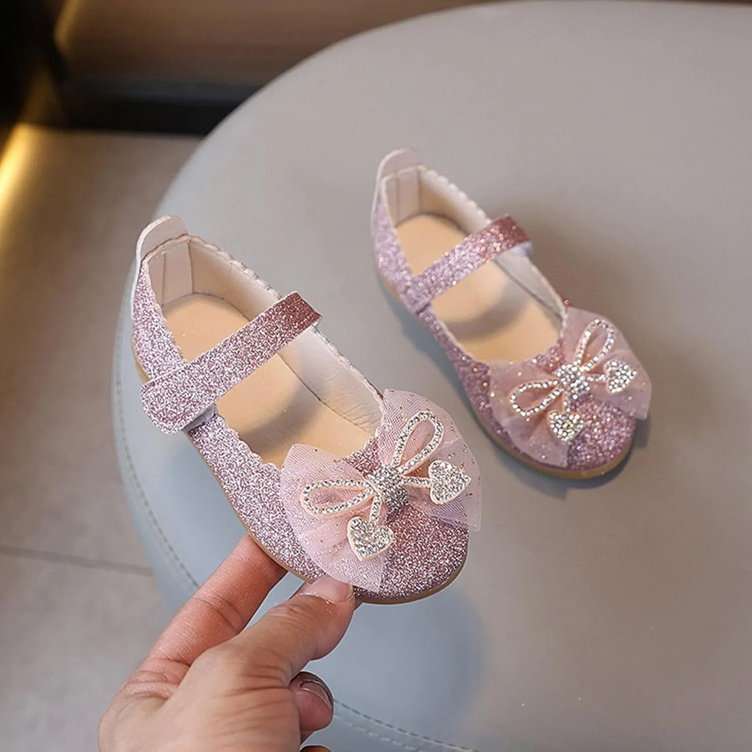 Toddler Little Girls Dress Shoes - Flower Bow Girls Mary Jane Flat Ballet Shoes Party Wedding Flat Shoe for Girl with Hook and Loop Rhinestone Flat Shoe with Non Slip Rubber Sole