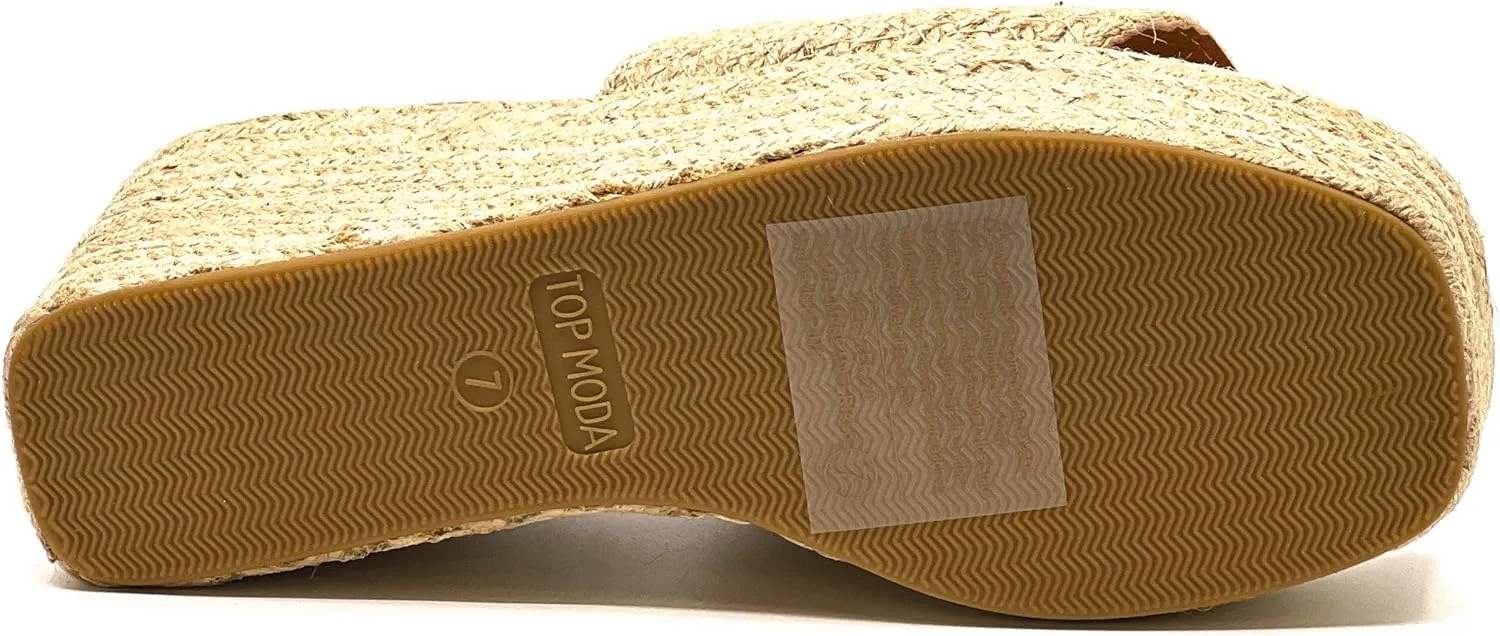 TOP Moda Women Open Toe High Wedge Jute Espadrille Slip on Slide Sandals