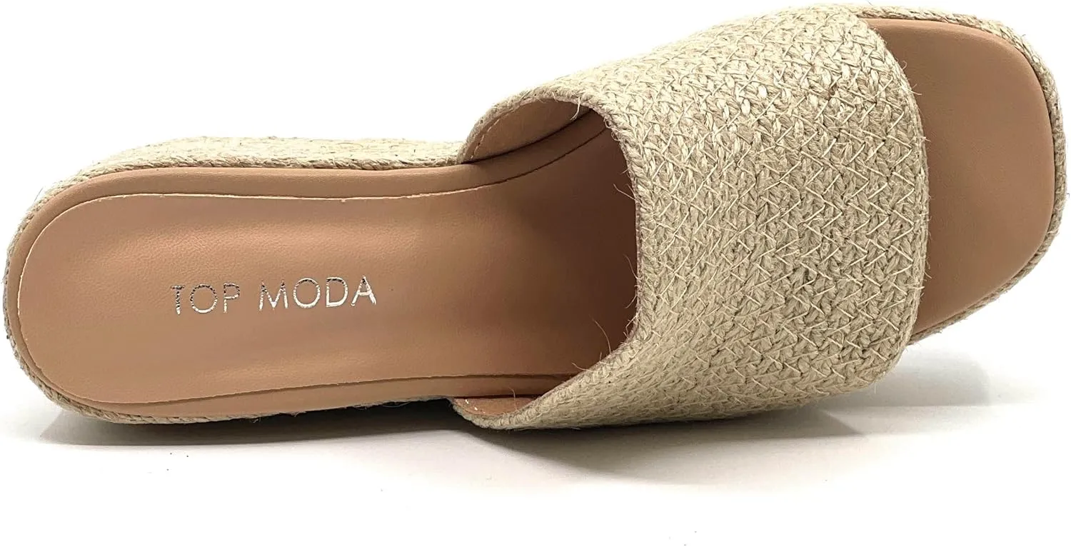 TOP Moda Women Open Toe High Wedge Jute Espadrille Slip on Slide Sandals