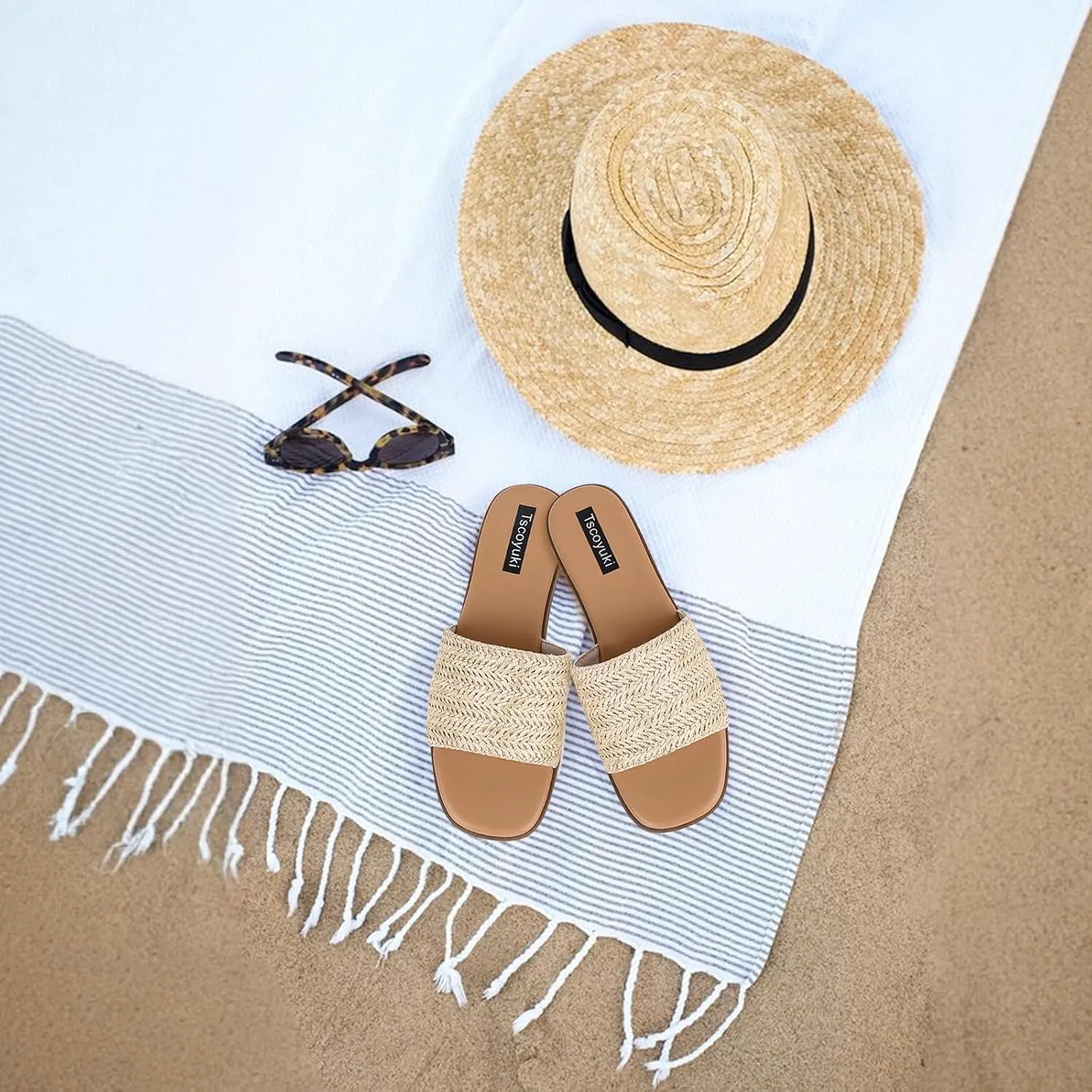 Tscoyuki Slides Sandals for Women Basic Slip On Flat Sandals Open Toe Comfort Beach Sandals Slippers for Casual Dressy Summer