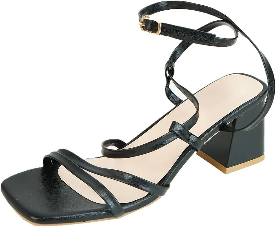 UIKGITP Women Square Toe Chunky Block Heels Strappy Sandals Ankle Buckle Platform Prom Heeled Pumps Wedding Party Evening Shoes