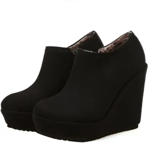 UniqueStride Women High Heel Wedge Short Ankle Boots Fashion Platform Zip up Faux Suede Ankle Booties