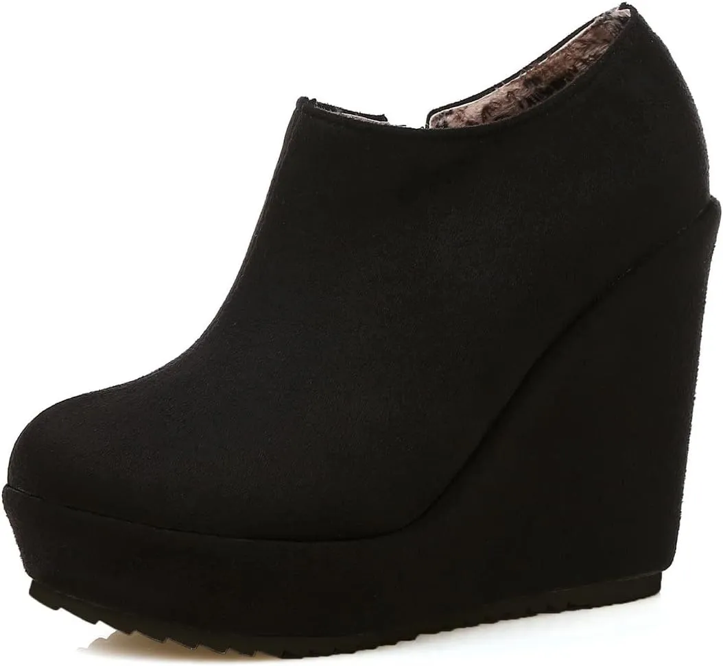 UniqueStride Women High Heel Wedge Short Ankle Boots Fashion Platform Zip up Faux Suede Ankle Booties