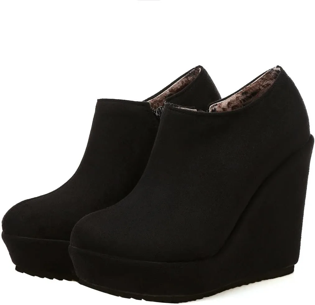UniqueStride Women High Heel Wedge Short Ankle Boots Fashion Platform Zip up Faux Suede Ankle Booties