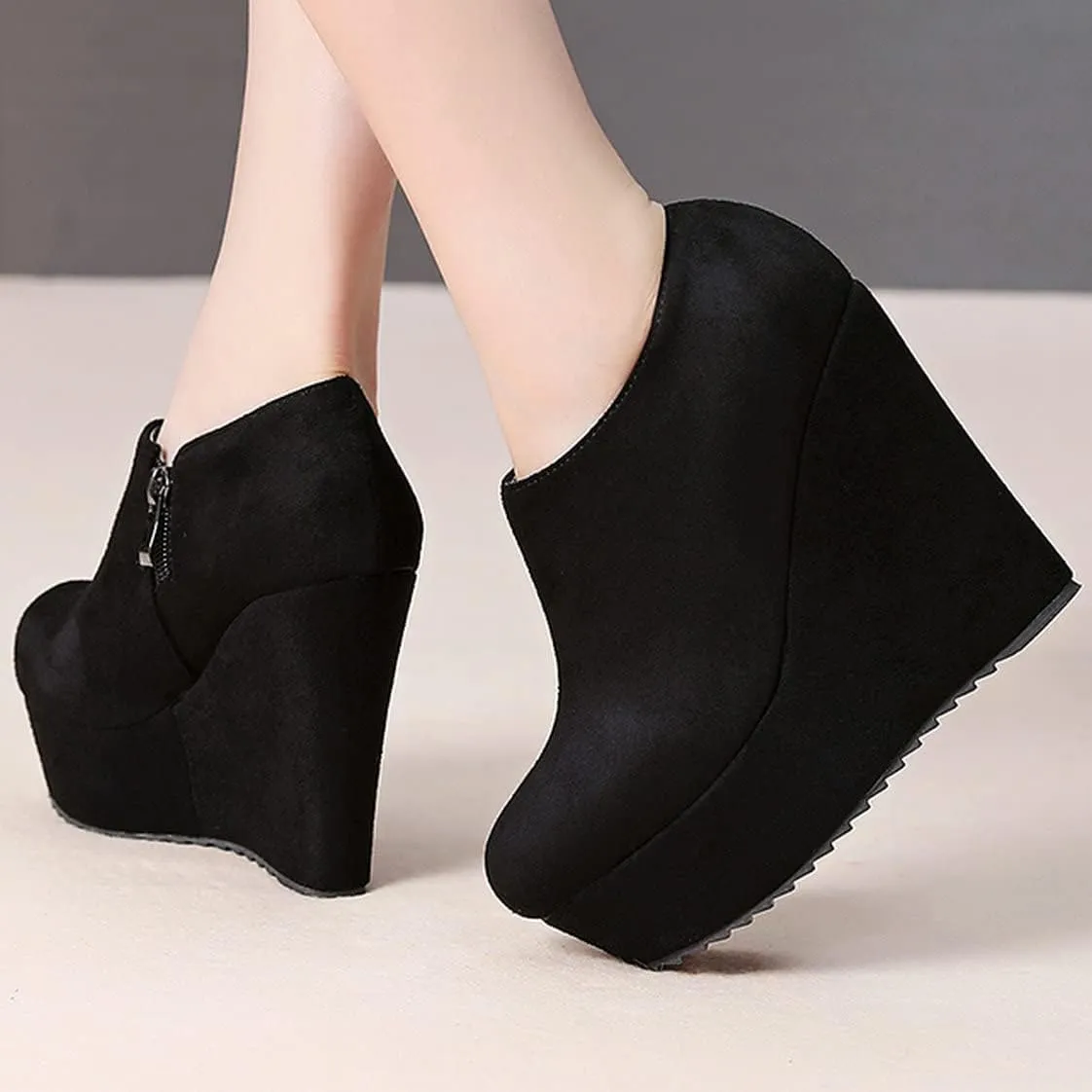 UniqueStride Women High Heel Wedge Short Ankle Boots Fashion Platform Zip up Faux Suede Ankle Booties