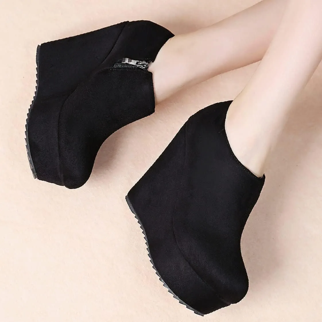UniqueStride Women High Heel Wedge Short Ankle Boots Fashion Platform Zip up Faux Suede Ankle Booties