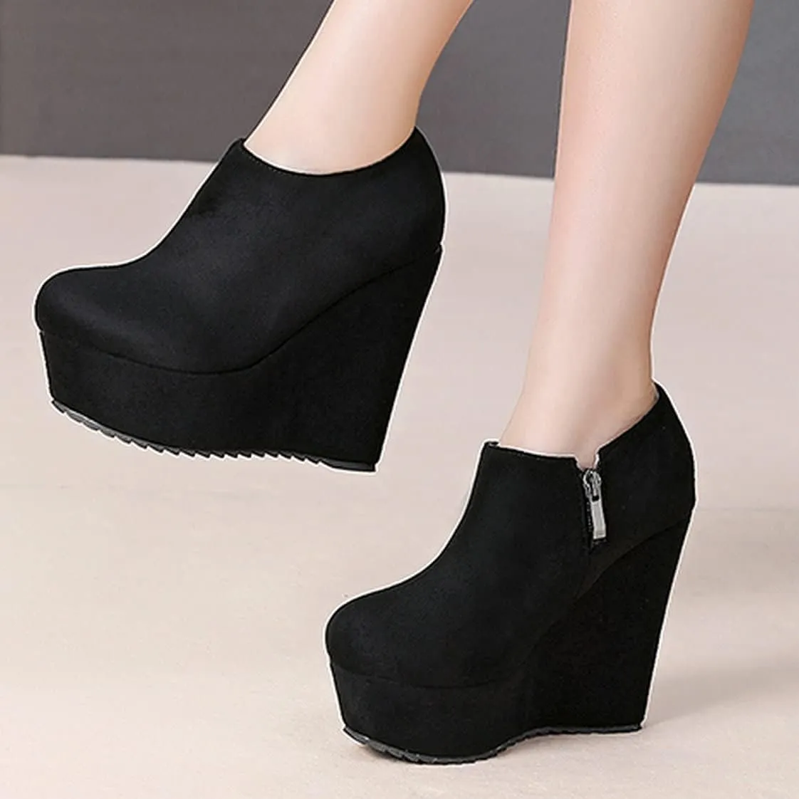 UniqueStride Women High Heel Wedge Short Ankle Boots Fashion Platform Zip up Faux Suede Ankle Booties