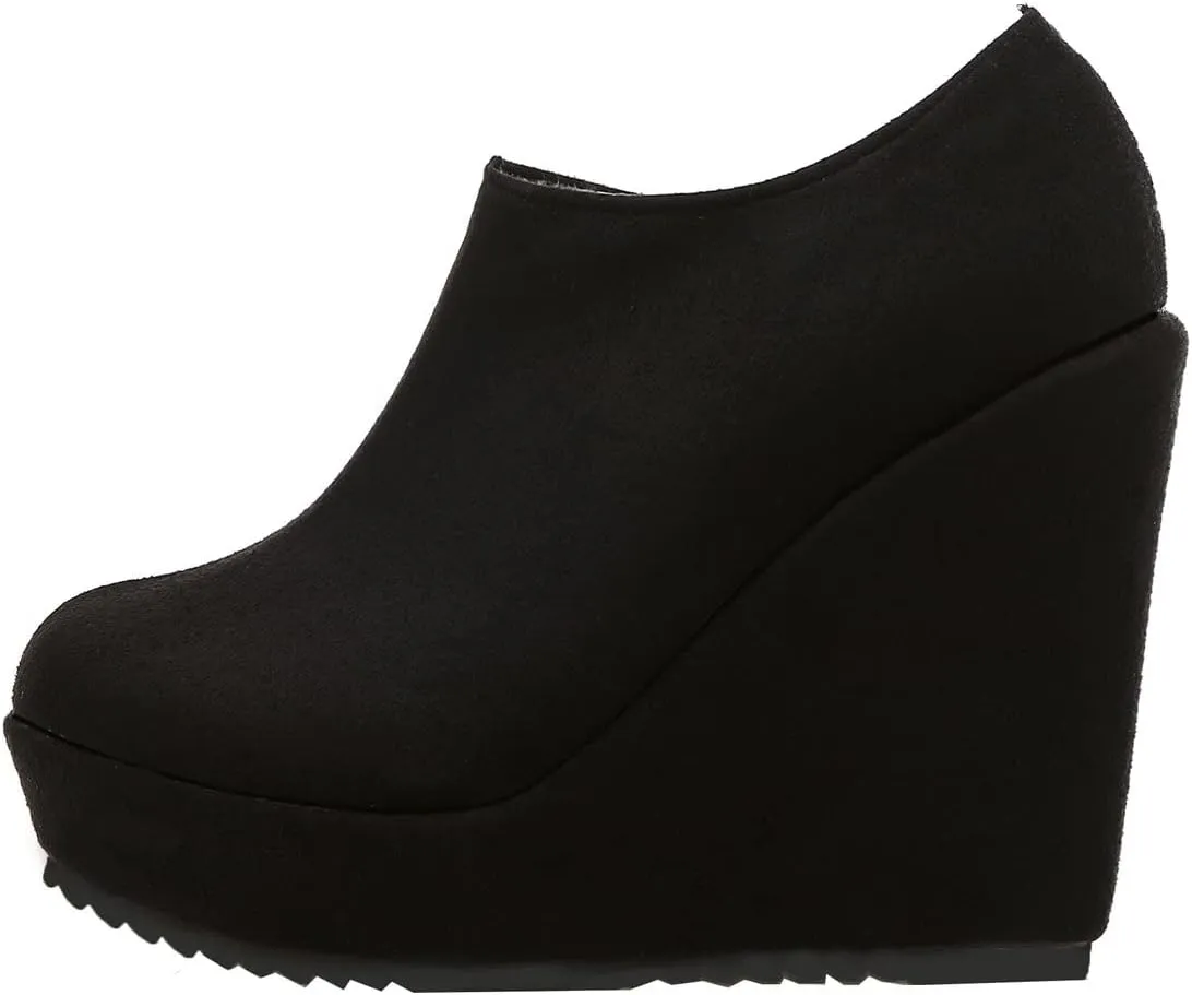 UniqueStride Women High Heel Wedge Short Ankle Boots Fashion Platform Zip up Faux Suede Ankle Booties
