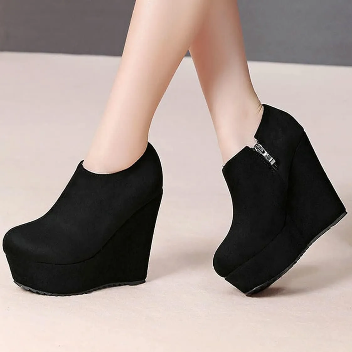 UniqueStride Women High Heel Wedge Short Ankle Boots Fashion Platform Zip up Faux Suede Ankle Booties