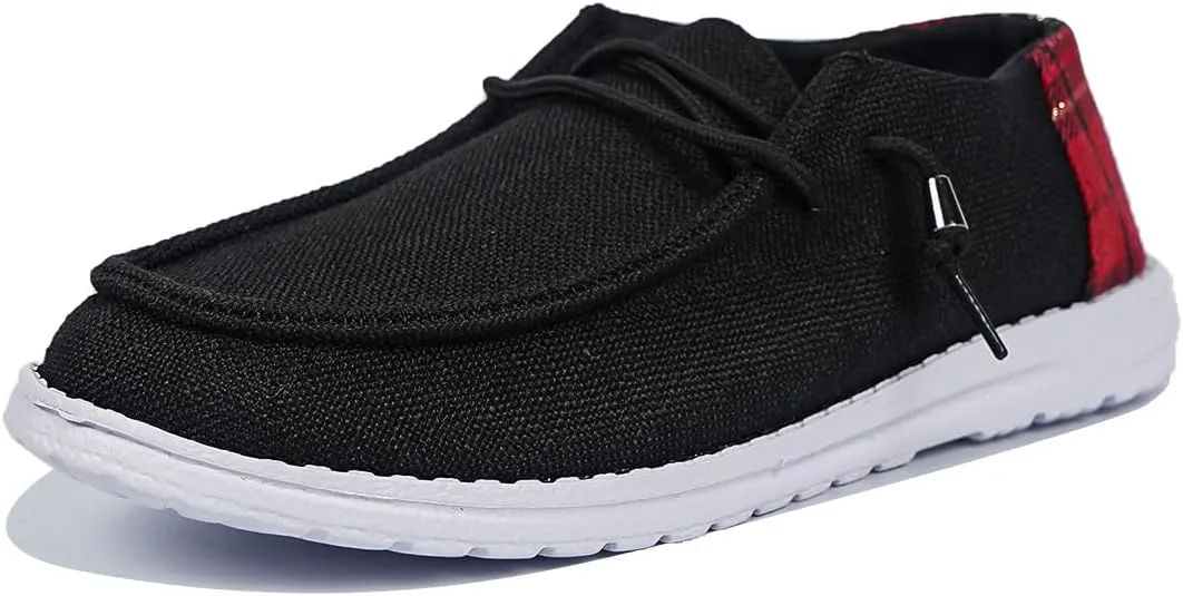 Unisex Black Wally & Wendy Slip-On Sneakers - Stylish Comfortable Loafers with Plaid Detail for Casual Daily Wear, Travel, and Outdoor Activities, Breathable Footwear for Men and Women