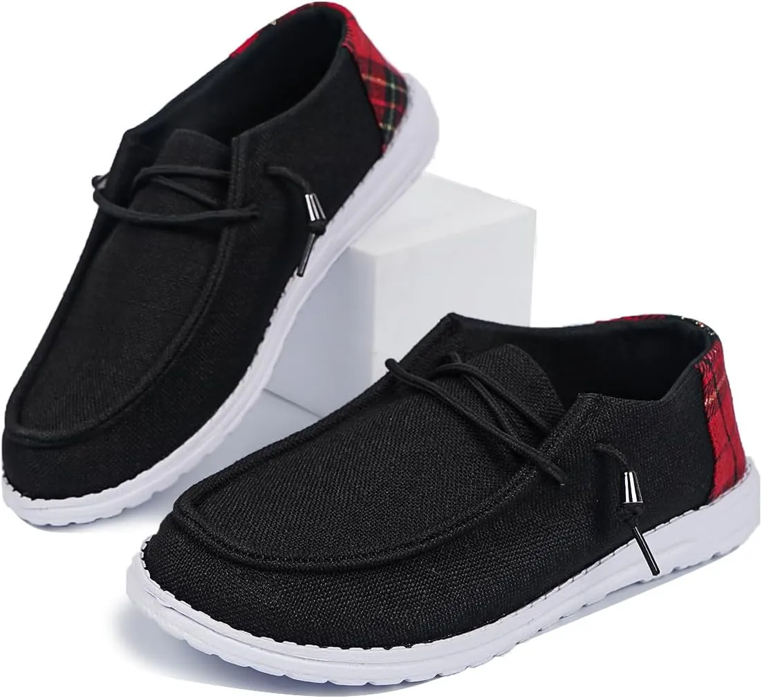 Unisex Black Wally & Wendy Slip-On Sneakers - Stylish Comfortable Loafers with Plaid Detail for Casual Daily Wear, Travel, and Outdoor Activities, Breathable Footwear for Men and Women