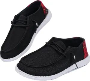 Unisex Black Wally & Wendy Slip-On Sneakers - Stylish Comfortable Loafers with Plaid Detail for Casual Daily Wear, Travel, and Outdoor Activities, Breathable Footwear for Men and Women
