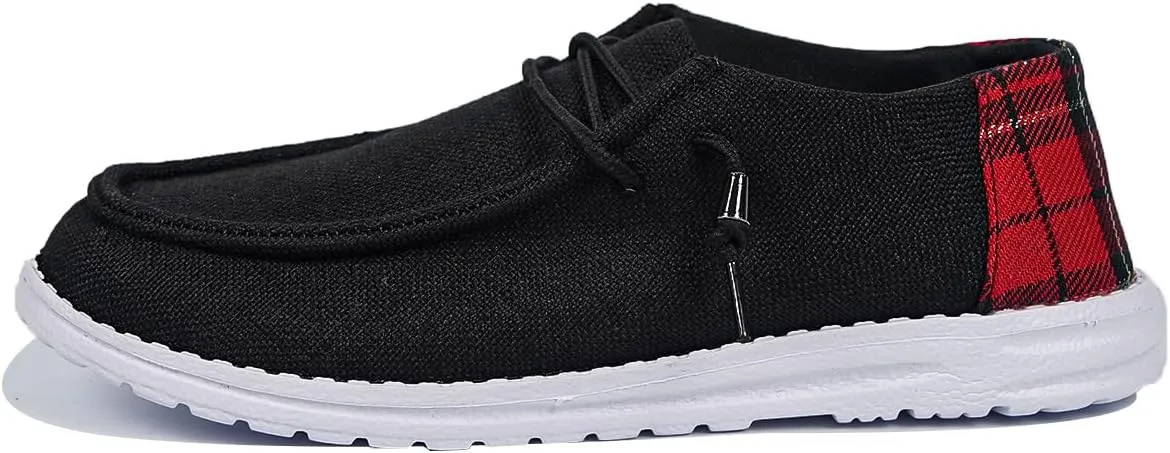 Unisex Black Wally & Wendy Slip-On Sneakers - Stylish Comfortable Loafers with Plaid Detail for Casual Daily Wear, Travel, and Outdoor Activities, Breathable Footwear for Men and Women