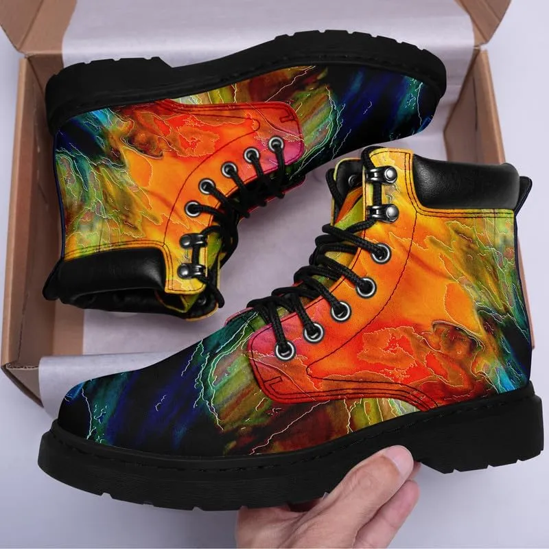 Unisex Mid-top Combat Boots for Men Women Lightweight Fashion Flower Ankle Boots Non-Slip Lace-Up Bootie for Girl