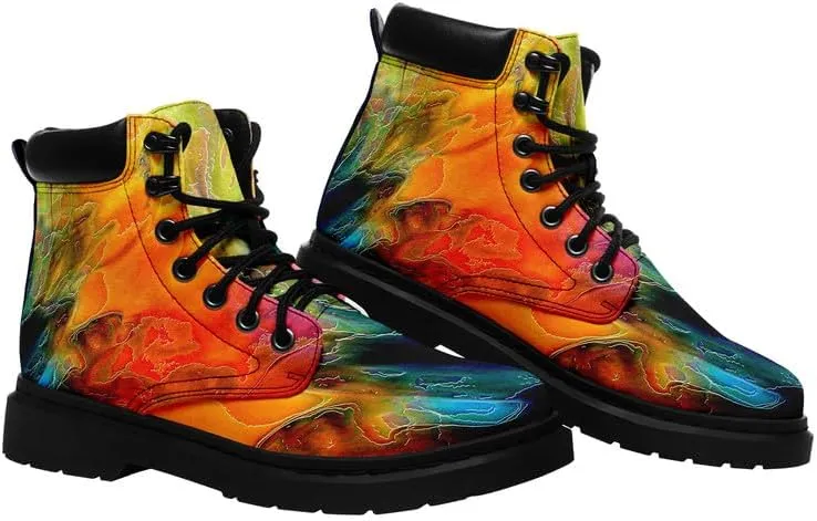 Unisex Mid-top Combat Boots for Men Women Lightweight Fashion Flower Ankle Boots Non-Slip Lace-Up Bootie for Girl