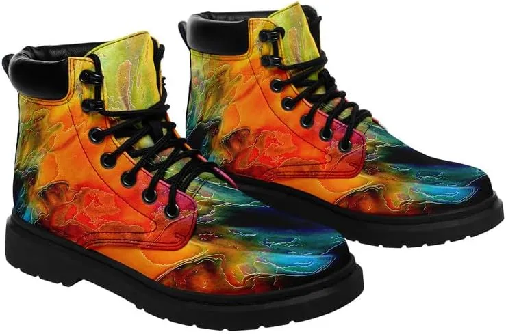 Unisex Mid-top Combat Boots for Men Women Lightweight Fashion Flower Ankle Boots Non-Slip Lace-Up Bootie for Girl