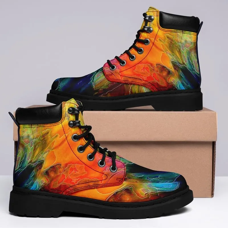 Unisex Mid-top Combat Boots for Men Women Lightweight Fashion Flower Ankle Boots Non-Slip Lace-Up Bootie for Girl