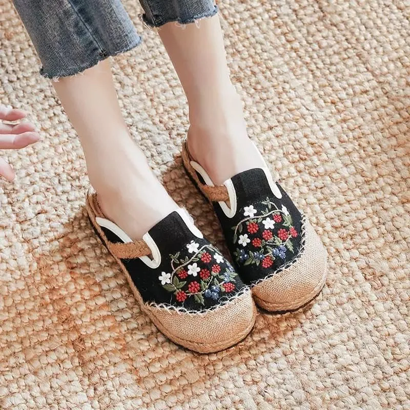 VARECOLA Women's Breathable Cotton Linen Cute Print Flat Mules Exquisite Embroidery Boho Style Slip On Slingback Espadrilles Slipper Shoes