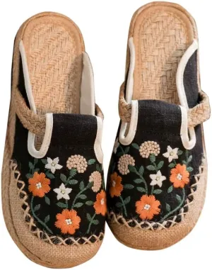 VARECOLA Women's Breathable Cotton Linen Cute Print Flat Mules Exquisite Embroidery Boho Style Slip On Slingback Espadrilles Slipper Shoes