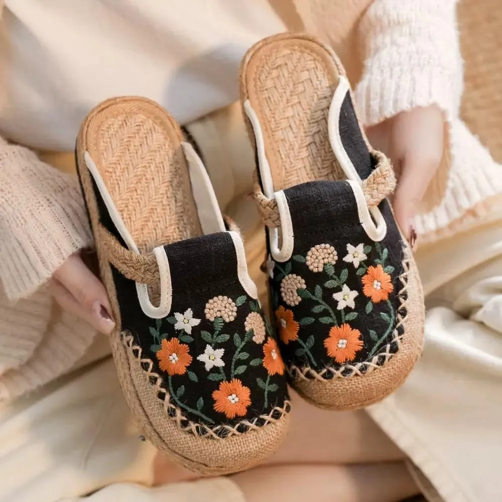 VARECOLA Women's Breathable Cotton Linen Cute Print Flat Mules Exquisite Embroidery Boho Style Slip On Slingback Espadrilles Slipper Shoes