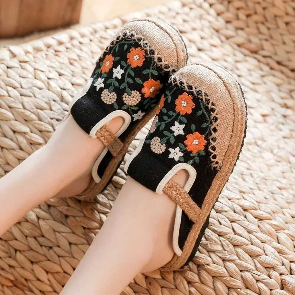 VARECOLA Women's Breathable Cotton Linen Cute Print Flat Mules Exquisite Embroidery Boho Style Slip On Slingback Espadrilles Slipper Shoes