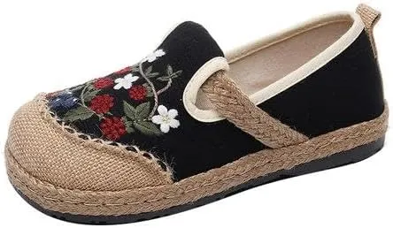 VARECOLA Women's Breathable Cotton Linen Cute Print Flat Mules Exquisite Embroidery Boho Style Slip On Slingback Espadrilles Slipper Shoes